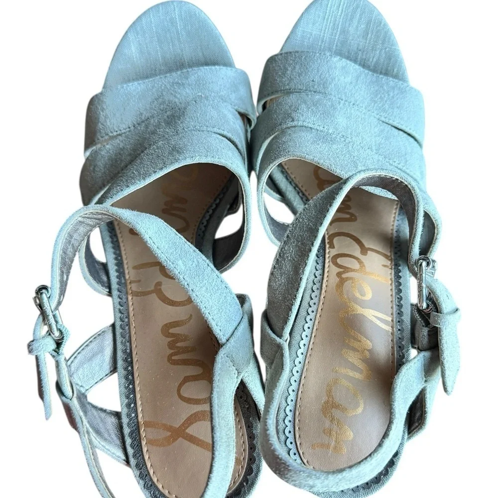 Sam Edelman Liora Wedge Sandals – Size 8M – Light Blue Suede Leather – 5” Heel